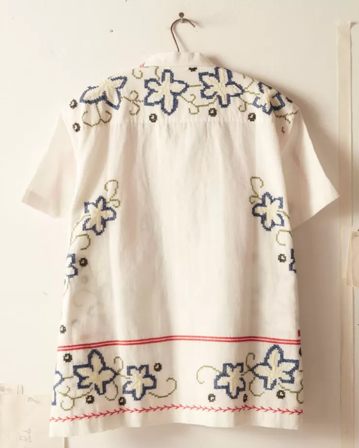 Store BODE Cornflower Cross Stitch Short Sleeve Shirt