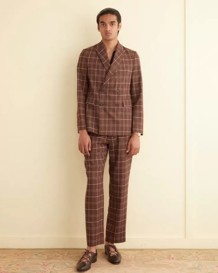 Shop BODE Dunham Plaid Double-Breasted Suit Jacket Brown/Multi