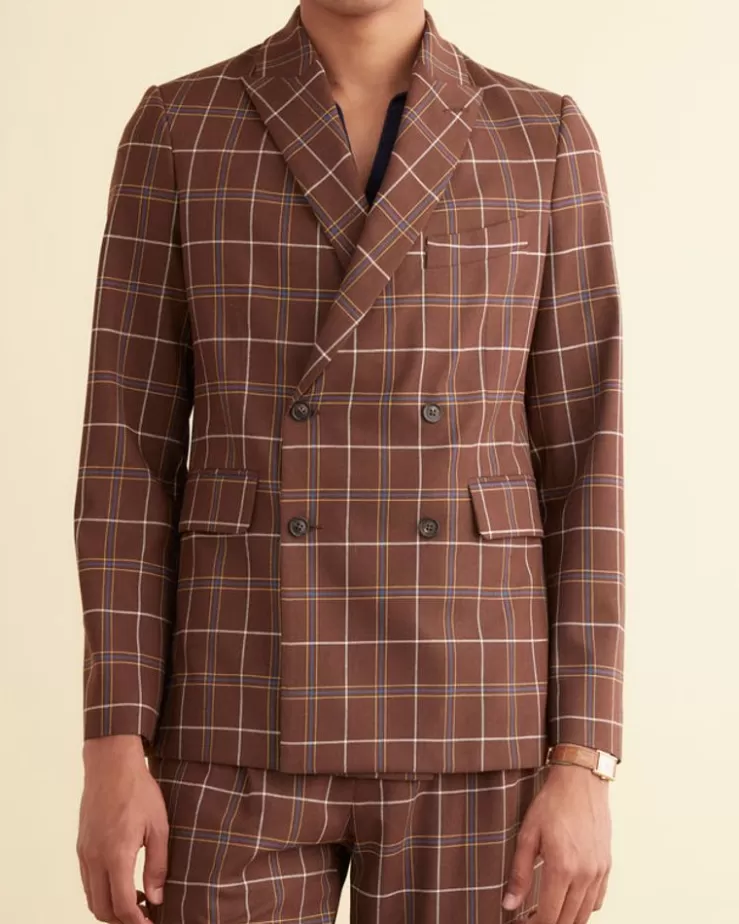 Shop BODE Dunham Plaid Double-Breasted Suit Jacket Brown/Multi