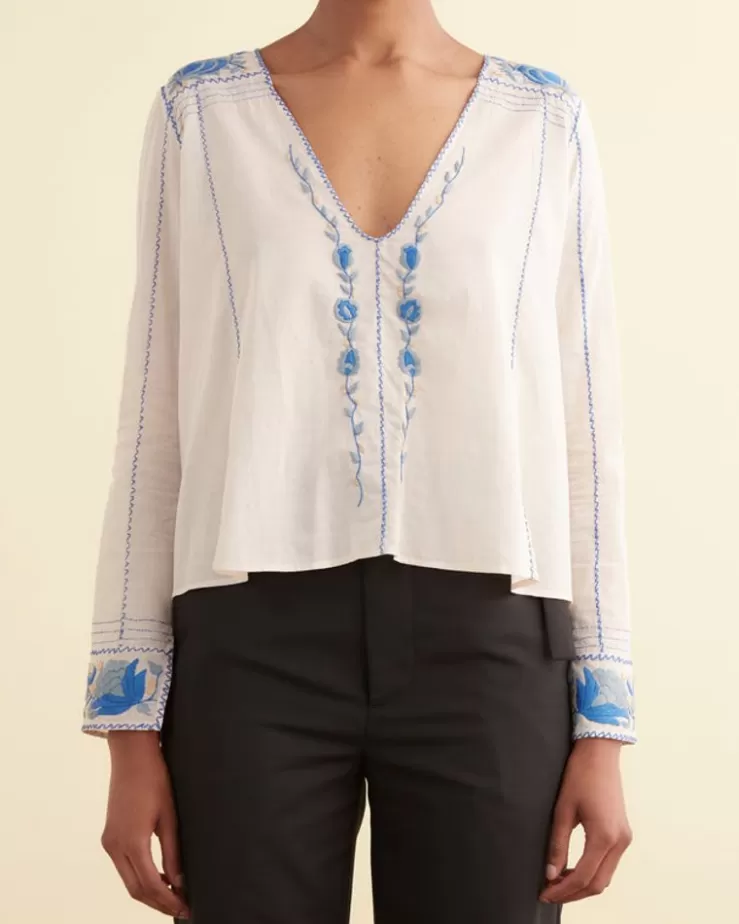 Fashion BODE Embroidered Cornflower Top Blue/Cream