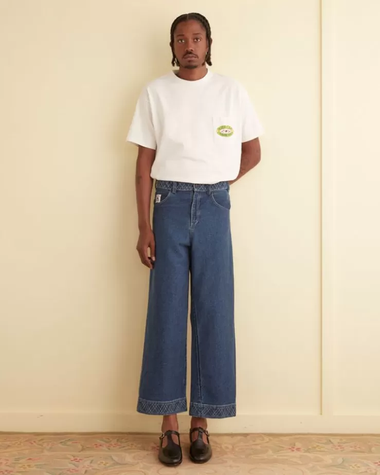 Shop BODE Embroidered Denim Knolly Brook Trousers Indigo