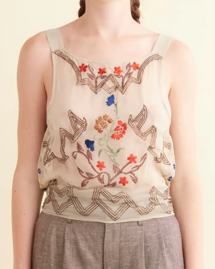 Fashion BODE Embroidered Flower Study Top Cream Multi