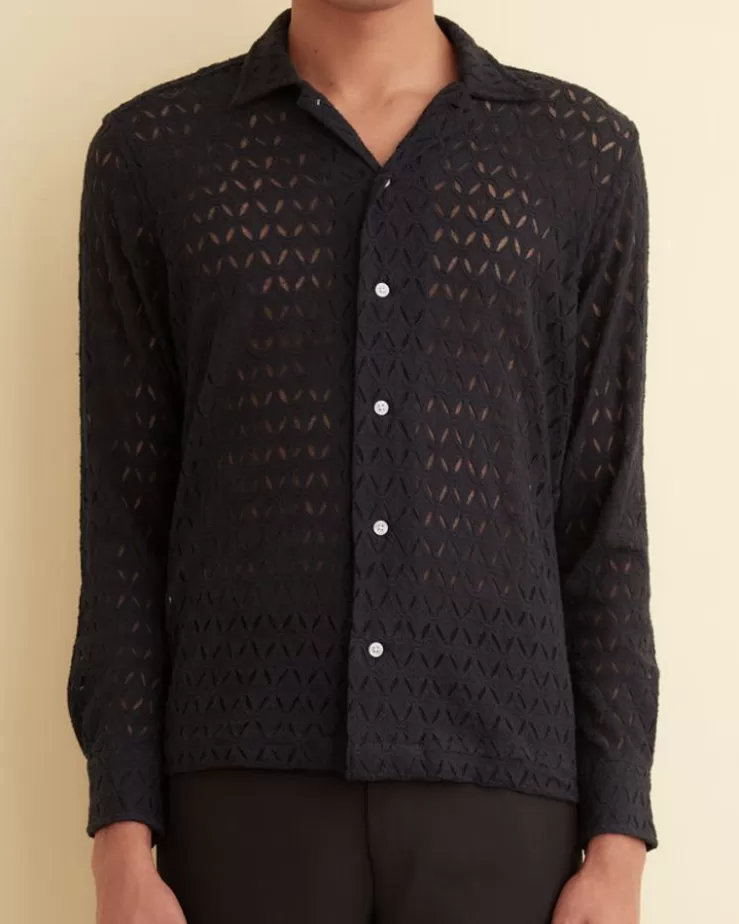 Best BODE Lattice Lace Long Sleeve Shirt - Black