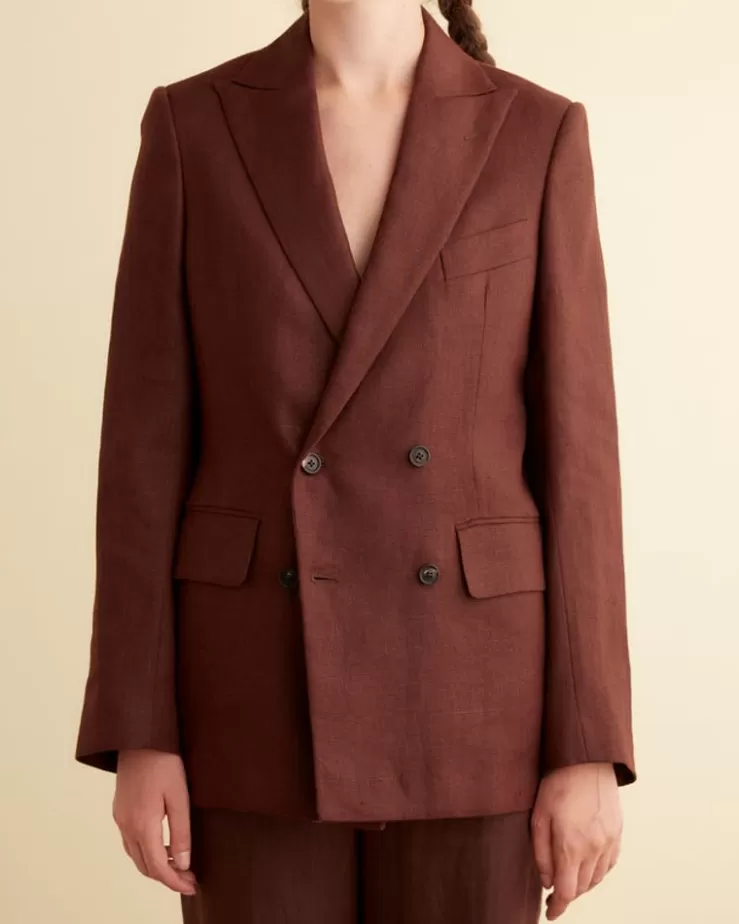 Cheap BODE Linen Double-Breasted Suit Jacket - Chocolate