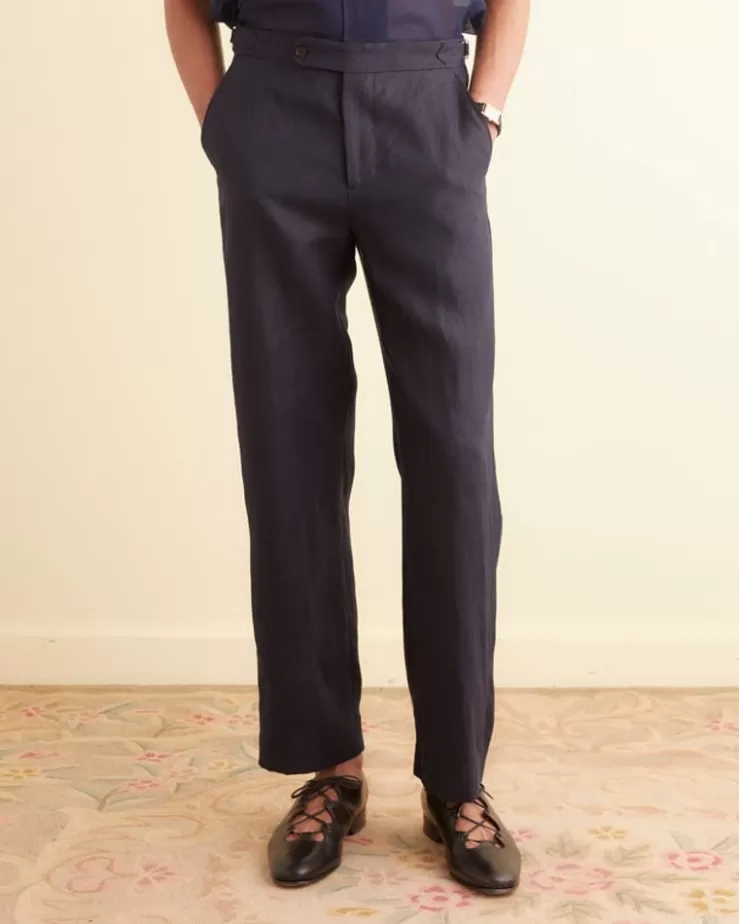 Shop BODE Linen Suiting Trousers Navy