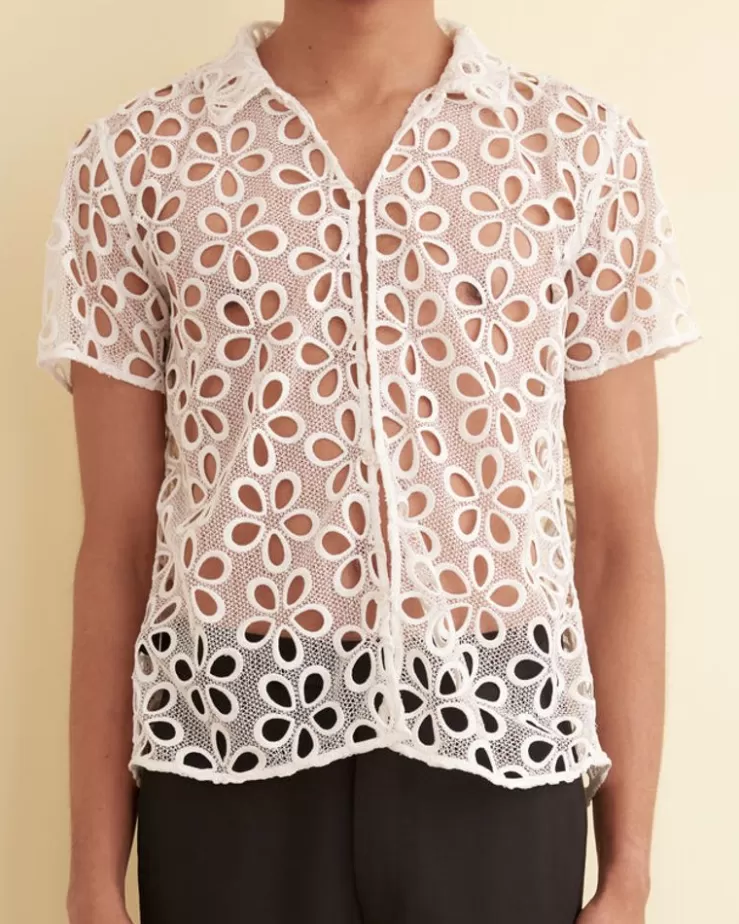 New BODE Primrose Lace Short Sleeve Shirt White