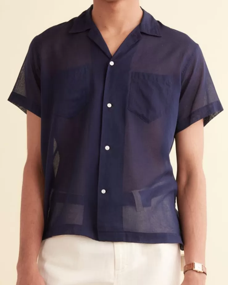 Fashion BODE Voile Short Sleeve Shirt Navy